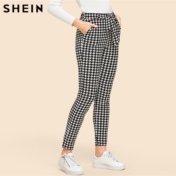 

shein drawstring waist houndstooth pants mid waist straight leg pants 2019 autumn casual women trousers, Black;white