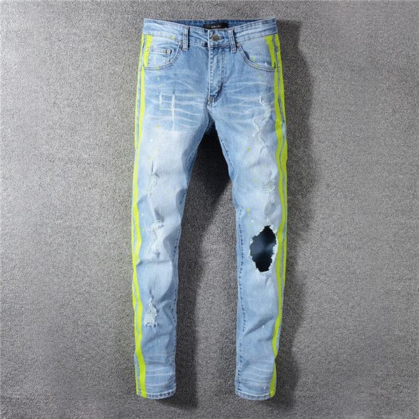

mens fashion summer designer hole jeans hip hop style homme clothing solid color straight pants fashion casual apparel, Blue