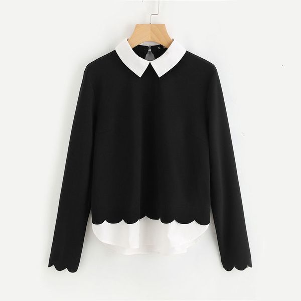 

для женщин топы блузы для женщин contrast по вороту и подолу scalloped женщины блузы цвет блока с длинным рукавом элегантные вершины офис бл, White