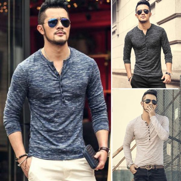 

fashion men's slim fitness v-neck long sleeve cotton muscle tees t-shirt casual solid buttons t shirts clothes m-2xl, White;black