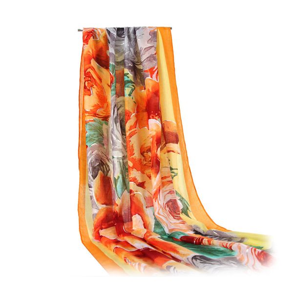 

2019 spring and autumn women's silk scarf 90 * 180cm long square scarf big flower print headscarf cape bag headband cover ing, Blue;gray