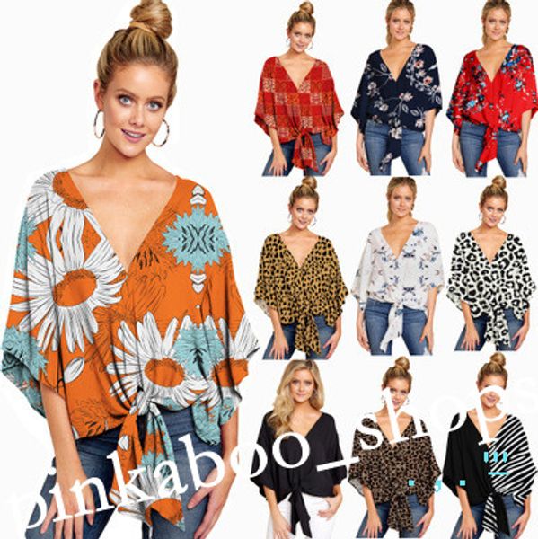 

women's floral printed t-shirt half sleeve v-neck knotted tees spring summer trendy ladies blouse casual wear plus size 2020 ly320, White