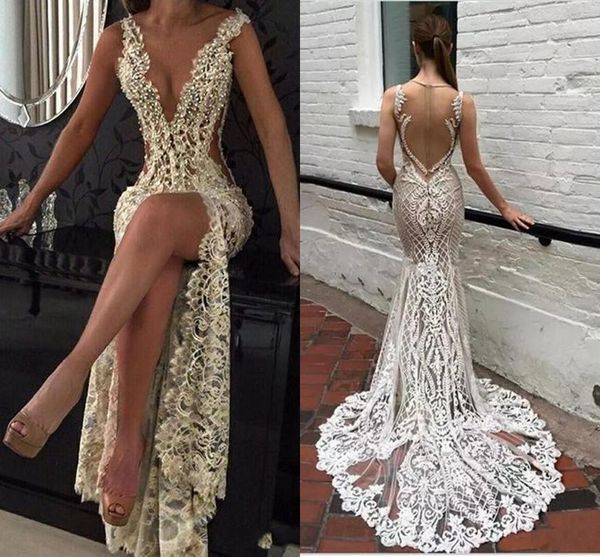 New Sexy profundo decote em V Formal Prom Dresses Lace apliques Tulle Illusion cristal frisada Sereia Sheer Voltar See Through alta Dividir Vestido de Noite