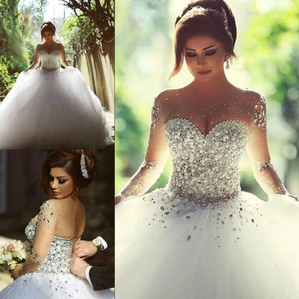 Abiti da sposa a maniche lunghe arabi Dubai con cristalli di strass Abito da ballo senza schienale con perline importanti Abiti da sposa eleganti Said Mhamad