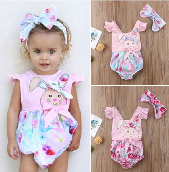 

foral girls rompers ins easter rabbit printed baby jumpsuits headband 2pcs sets baby girls clothes summer kids clothing 2 designs dhw2121, Blue