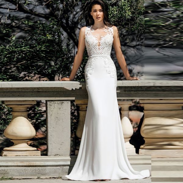 

русалка шифон иллюзия назад сексуальные свадебные платья совок шеи развертки поезд рукавов длинные свадебные платья плюс размер mariage на з, White