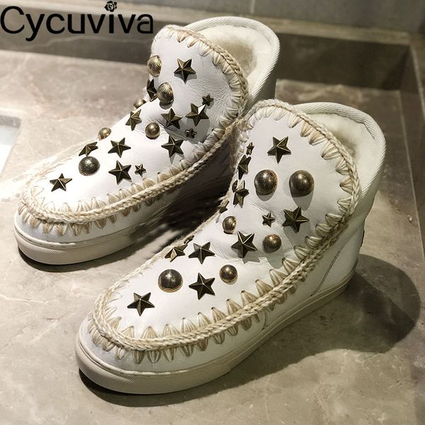 

women snow boots chic start rivet botas wool short boots cozy platform flat winter shoes woman runway real leather mujer, Black