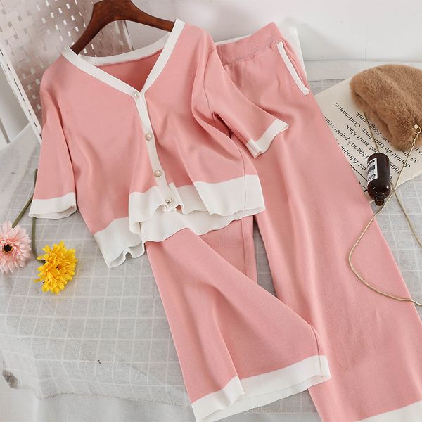 

2019 new fashion women's two piece set knitting casual knitwear suit cotton casual shirt +slim thin pants 3319, White