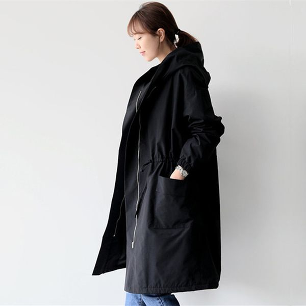 

2019 new autumn winter fleece long trench coat womens long sleeve hooded outerwear coats female casual streetwear coat, Tan;black