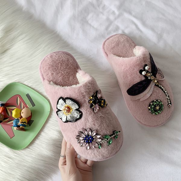 

brand fashion luxury 2019 autumn women slides home cartoon cute flower decoration slippers cozy warm bedroom girl shoes kapcie, Black