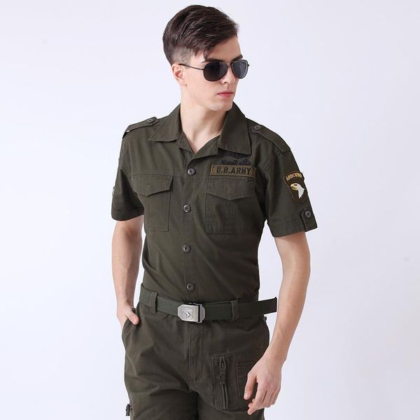 

us om knight army shirts green cotton blend brave eagle embroidery summer short sleeve single breasted blouse