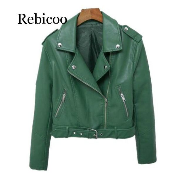 

2019 new classic lapel short belt women's pu leather simple leather jacket motorcycle jacket, Black