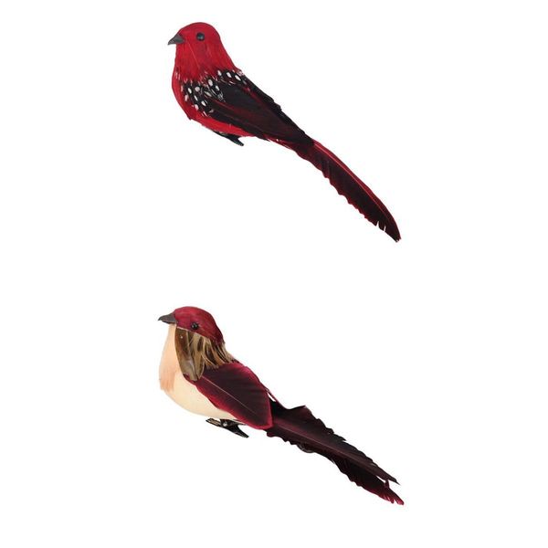 

2x artificial small decorative foam birds for crafts garden, with clip easy attachment on the tree or standing, wine & red