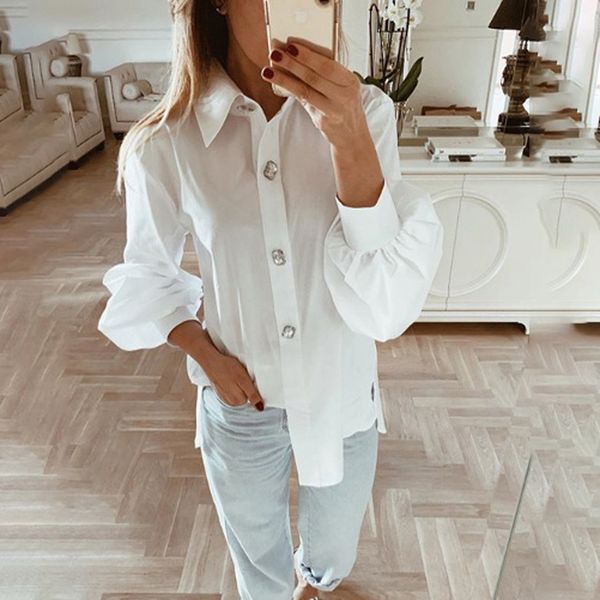 

new ladies long sleeve single-breasted women blouse casual fashion office lantern shirts business, White