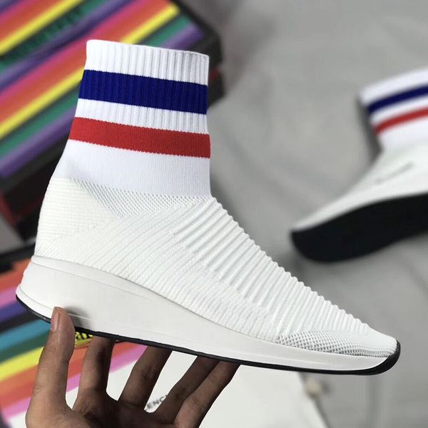 

2019 Fashion Speed stretch-knit Womens Designer Sock Shoes Girls Luxury Trainers Race Runners Black White Stripes Slip on Casual Shoes Size
