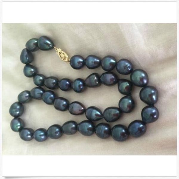 

10-12mm baroque tahitian black green pearl necklace 18inch 18k gp, Silver