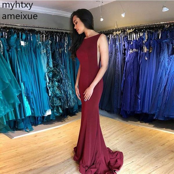 

long burgundy red prom dresses scoop custom neck backless elastic satin formal party mermaid style sweep train gowns, White;black