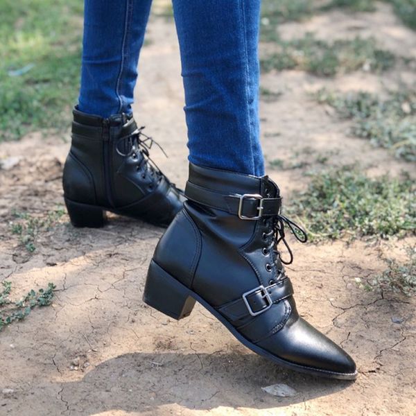 

meotina motorcycle women pu leather winter rivets tihck heel ankle buckle short boots black zip fur lady shoes mx200324