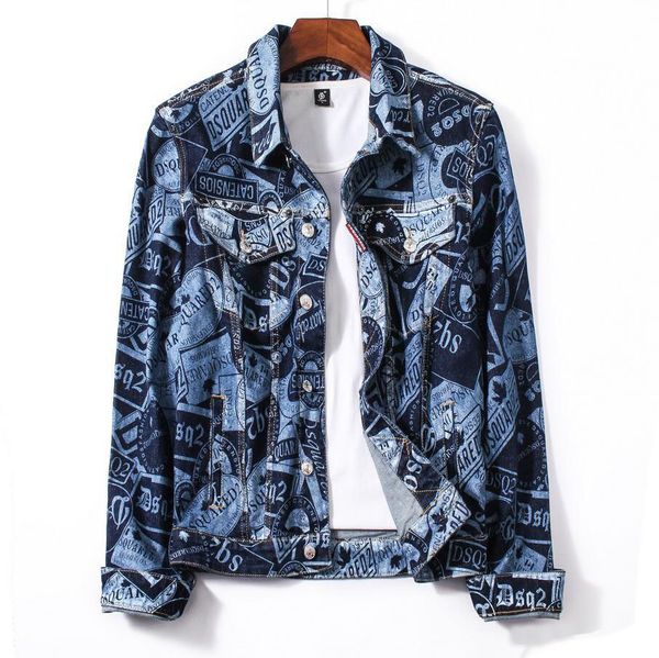 

Уникальные Мужские Полные Печатные Джинсовые Куртки Модельер Slim Fit Streetwear Мотоцик