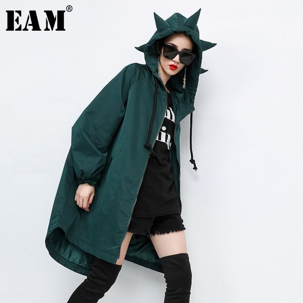 

eam] women green big size asymmetrical trench new hooded long sleeve loose fit windbreaker fashion autumn winter 2019 1a812, Tan;black