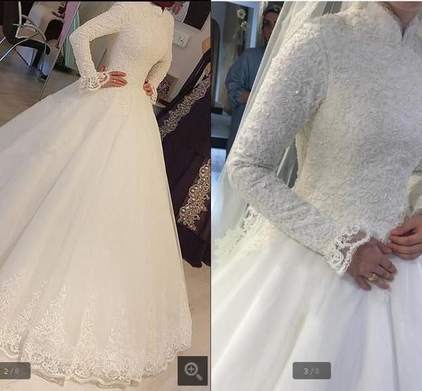 

saudi arabic lace tulle muslim wedding dresses high neck long sleeves lace appliques beaded bridal gowns robe de mariage, White
