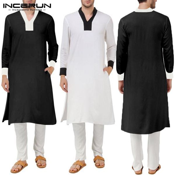 

incerun man muslim kaftan clothes robes saudi long shirts men vintage jubba thobe long sleeve v neck patchwork arab dubai robes7, Red