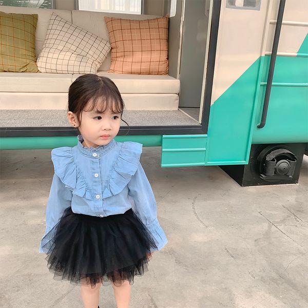 

autumn 2019 fashion vintage flouncing denim shirts for baby girls cotton soft all-match high collar shirt, White;black