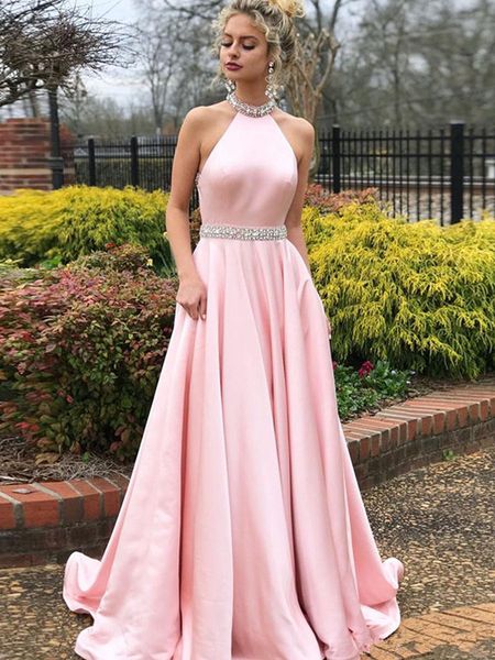 

halter a line evening dresse elegant beautiful backless prom dresses beaded sweep train custom made formal evening gowns z19, Black;red