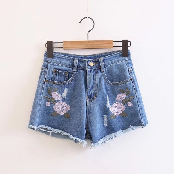 

western style summer wear new style flower embroidery tassel high-waisted washing denim shorts pants women's dress f18-8500, Blue