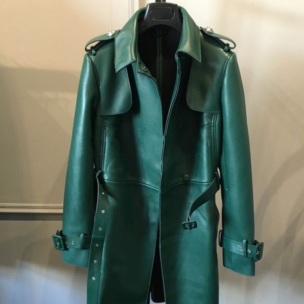 

dark green womens sheepskin genuine leather jacket street style classic double breasted slim fit long windbreaker runway coat, Black