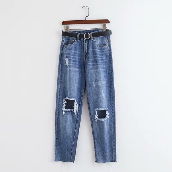 

fashion women qq53-1993 european and american fashion jeans with holes in waistband, Blue