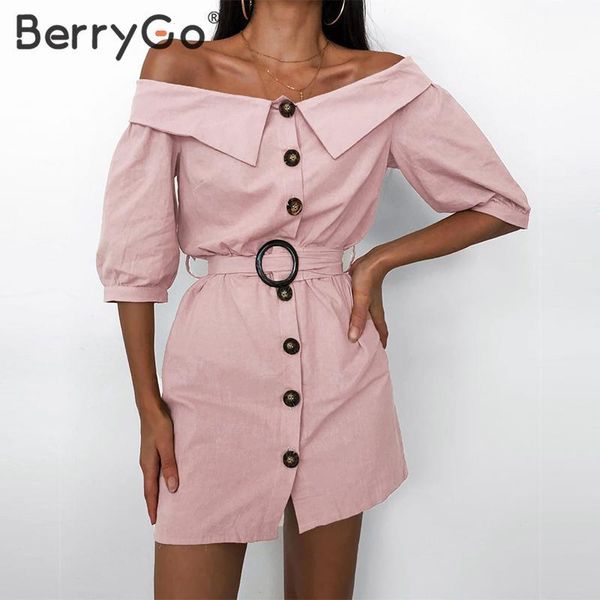 

berrygo casual off shoulder summer dress women streetwear lady chic straight office dress solid single breasted short dress, Black;gray