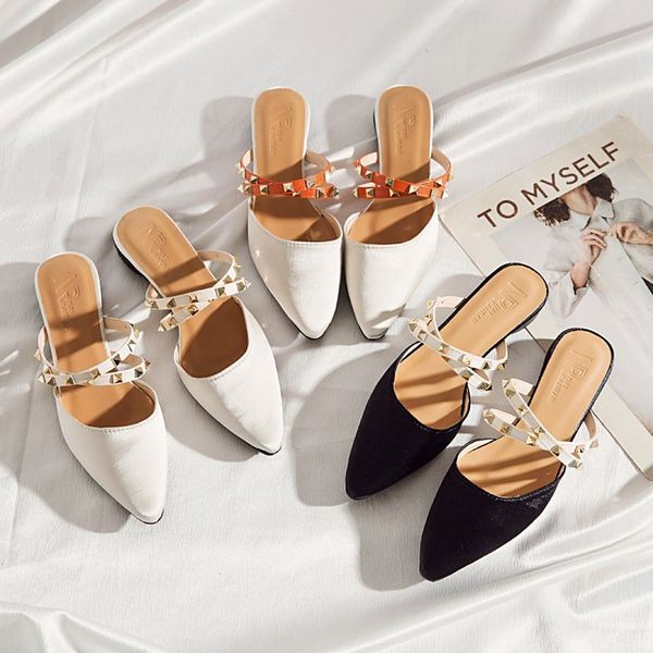 

2019 style summer women 6cm low high heels mules shales slides female rivet strange heels slippers fashion green shoes, Black