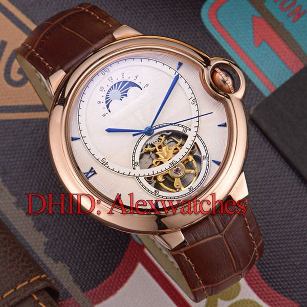 

mens designer watches car ballon mechanical automatic movement watch hollow dial luxury watch moon phase steel case leather strap wristwatch, Slivery;brown