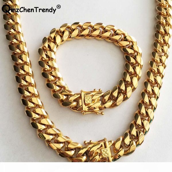 

14mm men miami cuban link chain necklace bracelets 316l stainless steel dargon clasp gold tone hip hop heavy chain jewelry set, Silver