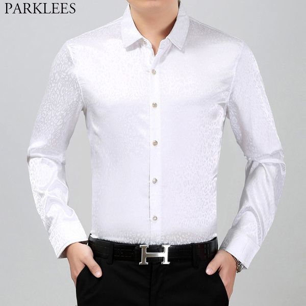 

белый шелковый атлас мужские рубашки платья 2020 стильный леопард стимпанк рубашка мужчины slim fit с длинным рукавом party club social shir, White;black