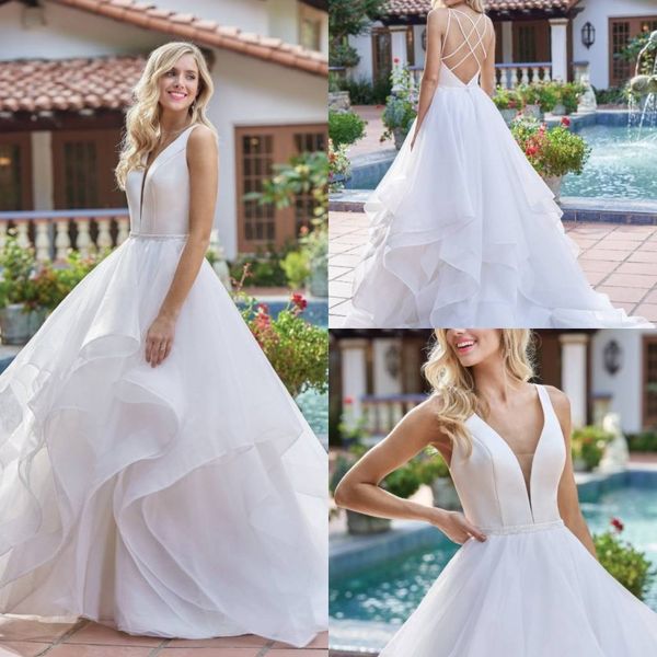 

2019 bohemian wedding dresses with tiers skirt back sleeveless wedding gowns a line beaded sash bridal dress, White