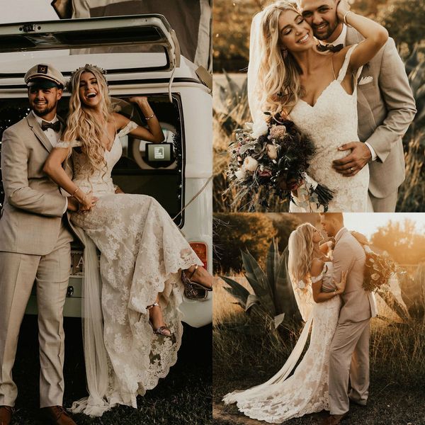 

элегантные свадебные платья с кружевами в стиле русалки винтаж 2019 спагетти с плеча садовые свадебные платья свадебное платье robe de maria, White