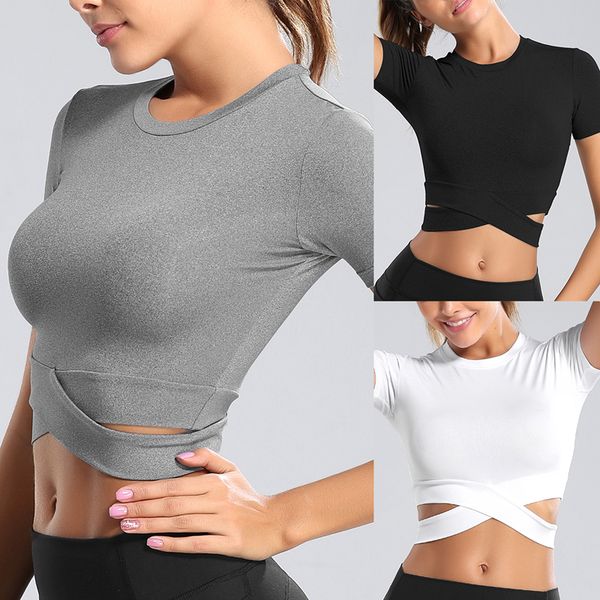 

short sleeve running shirts women exposed navel yoga t-shirt quick dry fitness gym crop solid sport shirts 2020 summer, White;red
