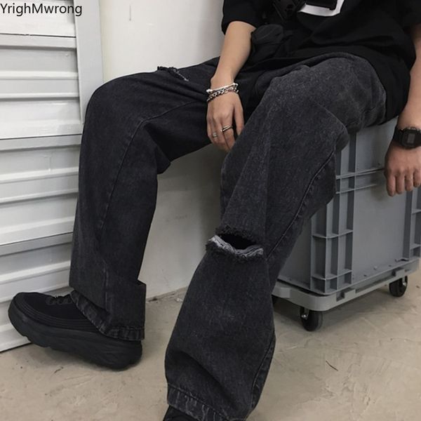 

destroyed ripped hole vintage black gray elastic high waist loose straight women mom jeans trouser boyfriend fashion denim pant, Blue