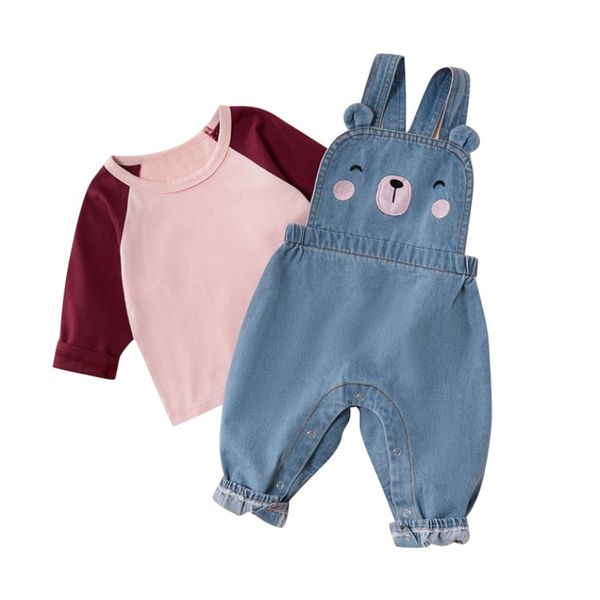 

новые дети весна осень color matching с длинным рукавом блузка повседневный tops + denim bib pants, White