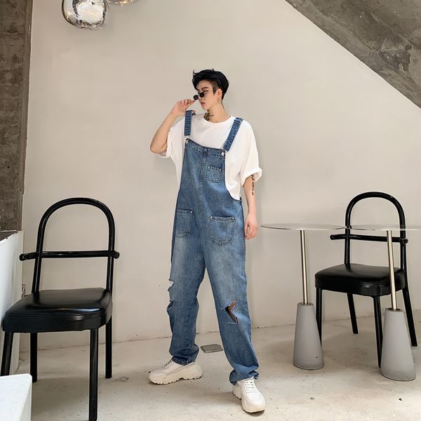 

male vintage fashion streetwear hip hop denim jumpsuits huge pants men's casual loose hole bib overalls jeans, Blue