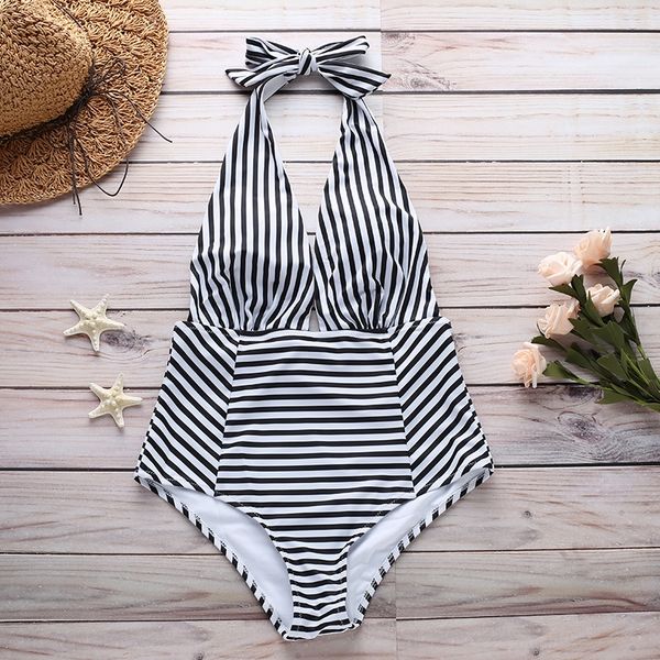 

2019 striped deep v-neck one-piece 2019 swimsuit swimsuit bikini striped deep v-neck one-piece bikini, White;black