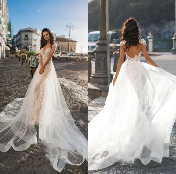 

2019 gorgeous lace mermaid wedding dresses with detachable skirts sweep train country wedding dress applique hollow back vestido de novia, White