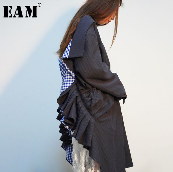 

eam] 2019 new spring summer long backless plaid printed ruffles big size striped printed shirt women blouse fashion tide jq371, Black;brown