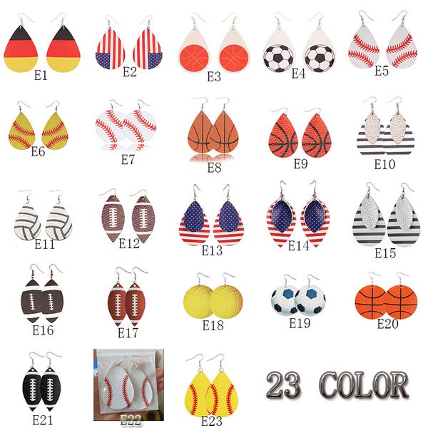 

2019 new fashion design waterdrop leather earring baseball basketball football volleyball teardrop printing dangle earring for women jewelry, Silver