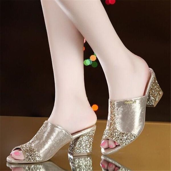 

women sandals 2019 bling fashion square heel summer lace slippers women hollow sandals for size 35-41, Black