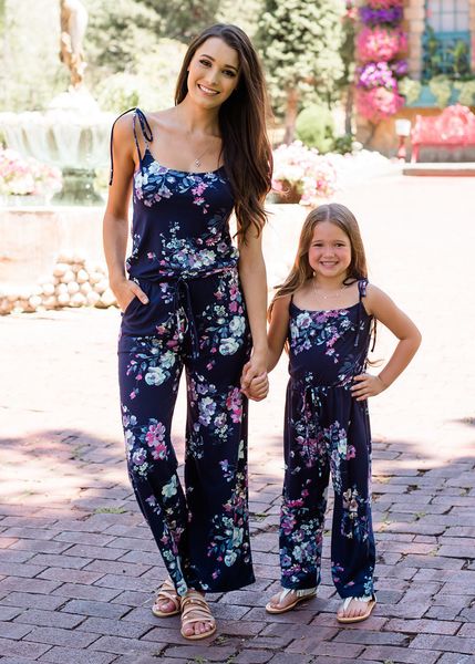 

matching family outfits mother and daughter sling jumpsuit summer mommy and me floral beach sleeveless jumpsuits, Blue