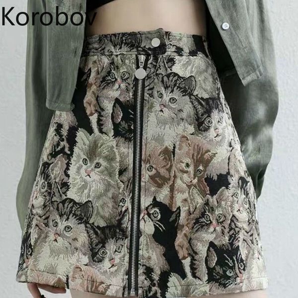 

korobov women cat pattern skirts korean high waist a-line high waist falda mujer vintage cartoon female skirt 79124, Black