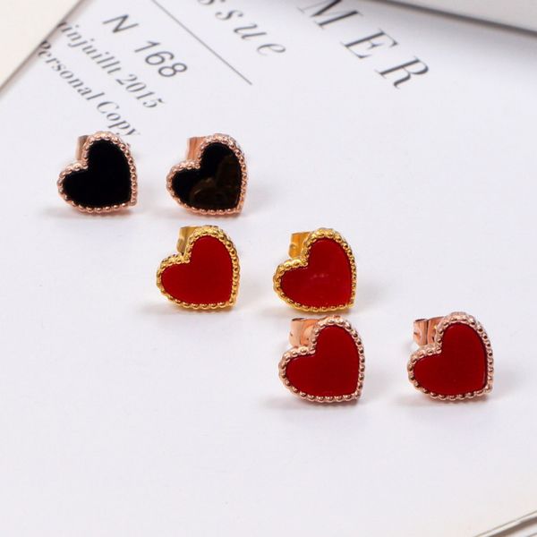 

classic fashion lady brass black red onyx agate love heart shaped engagement wedding stud earrings 2 color, Golden;silver